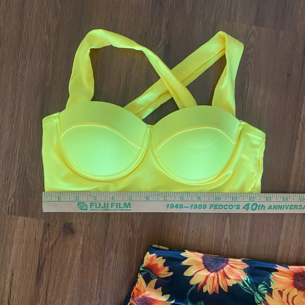 Sunflower Bikini Swimsuit Size Small black yellow bustier padded full high waist